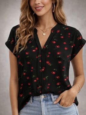Cherry Print V-Neck Top